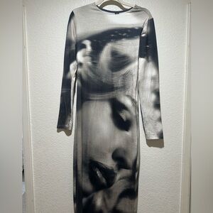 SHEIN Black and White Artistic Print Long Sleeve Dress